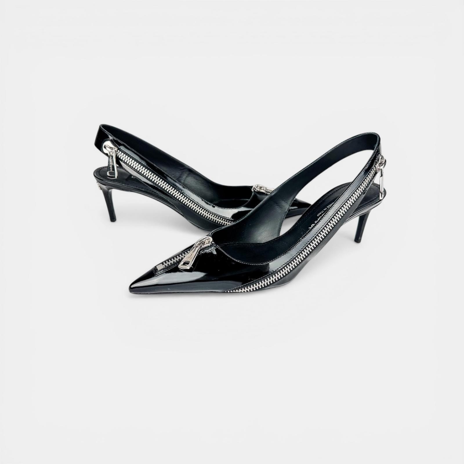 D&G Black Patent Pointed-Toe Slingback Heels - EU 39
