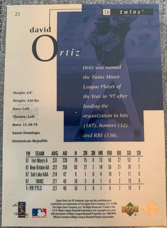 1997 Upper Deck Future Watch David Ortiz Rookie Card - photo 2
