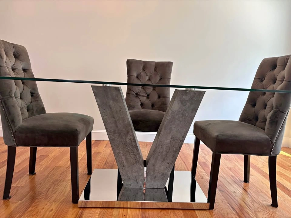Modern Dining Set w/ Glass Table & 6 Chairs + Mirrored Dresser