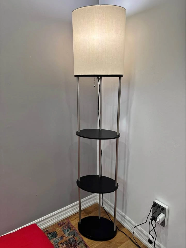 Black Shelf Floor Lamp with Drum Shade