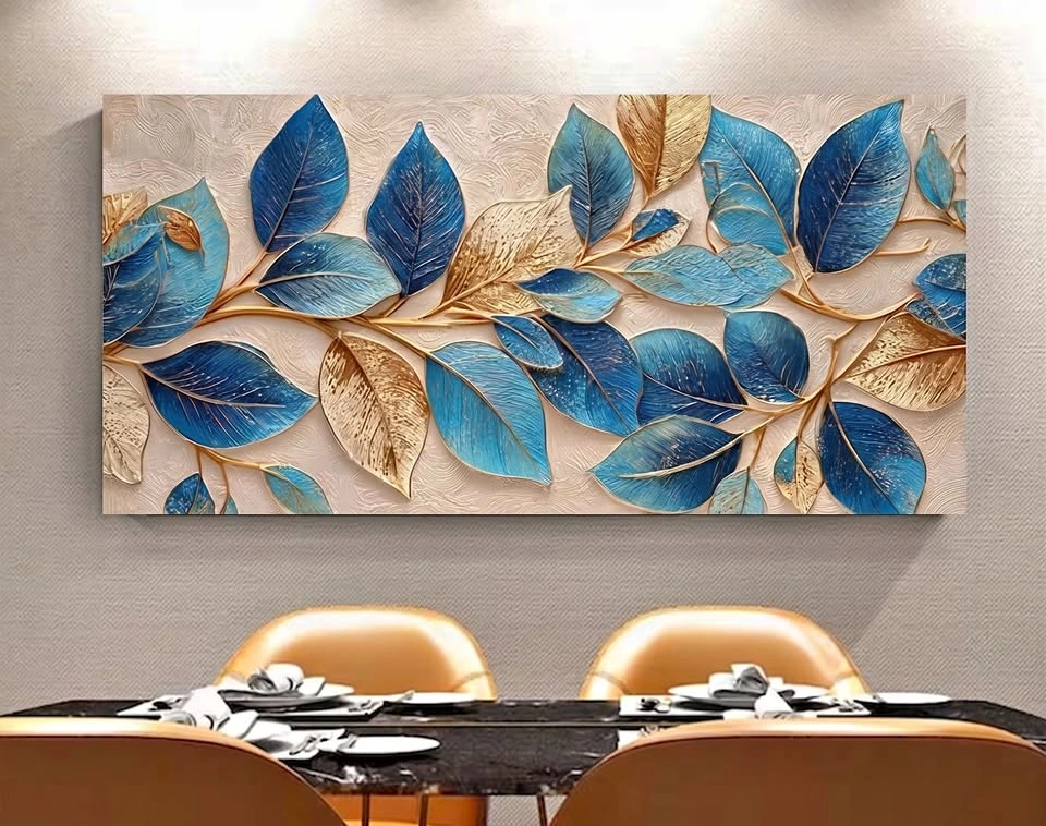 Large 52"x24" Blue & Gold Leaf Canvas Wall Art