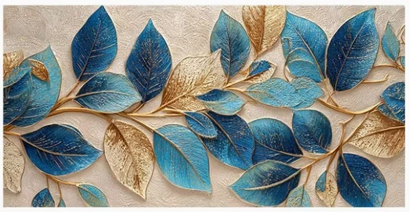 Large 52"x24" Blue & Gold Leaf Canvas Wall Art - photo 2
