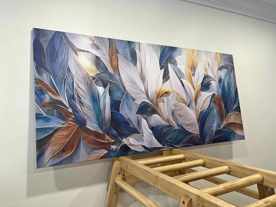Premium Canvas Wall Art - Blue, White & Gold Leaf Design