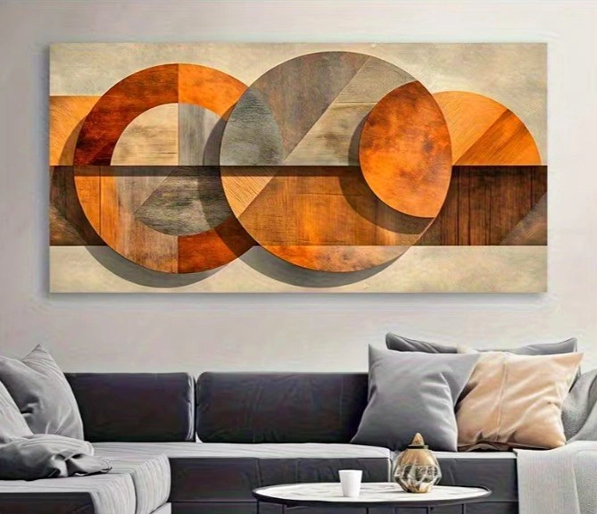 HUGE 52x24" Faux-Wood Geometric Abstract Canvas Art | Mid-Centur
