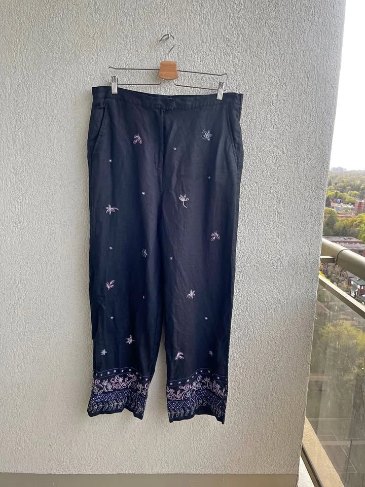 Linen Embroidered Pants, Size 16W, Boho Wide Leg