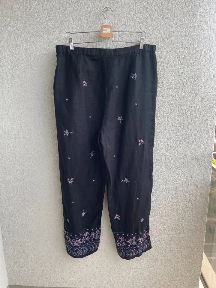 Linen Embroidered Pants, Size 16W, Boho Wide Leg - photo 2