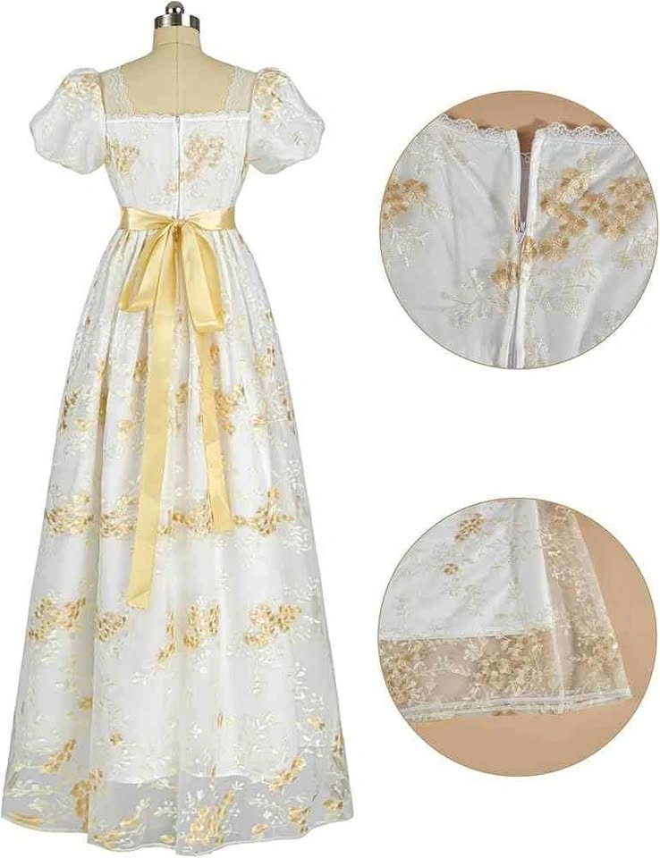 NSPSTT white Regency style dress with gold floral embroidery
