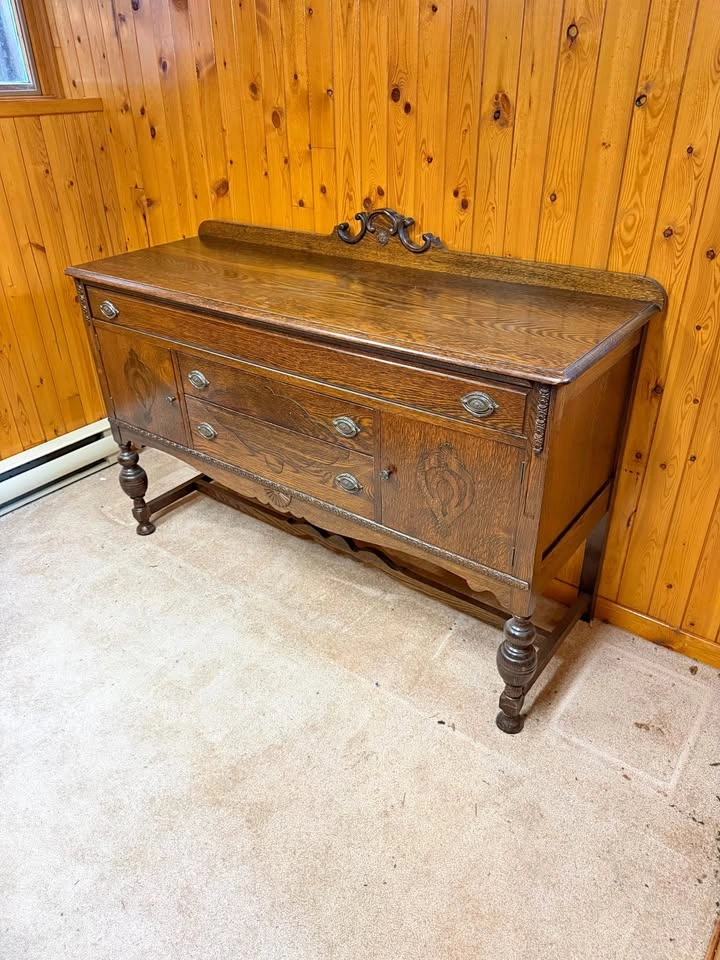 Antique Oak Sideboard Buffet Cabinet with Carved Details