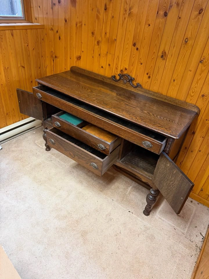 Antique Oak Sideboard Buffet Cabinet with Carved Details - photo 3