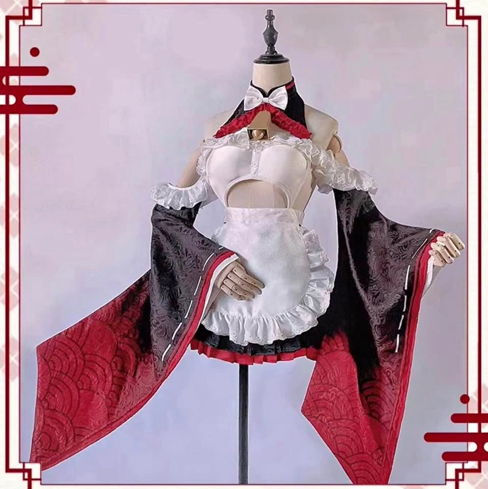 [FULL SET] Kashino Azur lane Maid Cosplay Costume + Wig + Geta