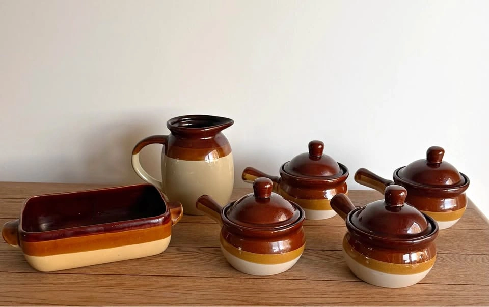 Vintage 6-Piece Brown and Tan Stoneware Set
