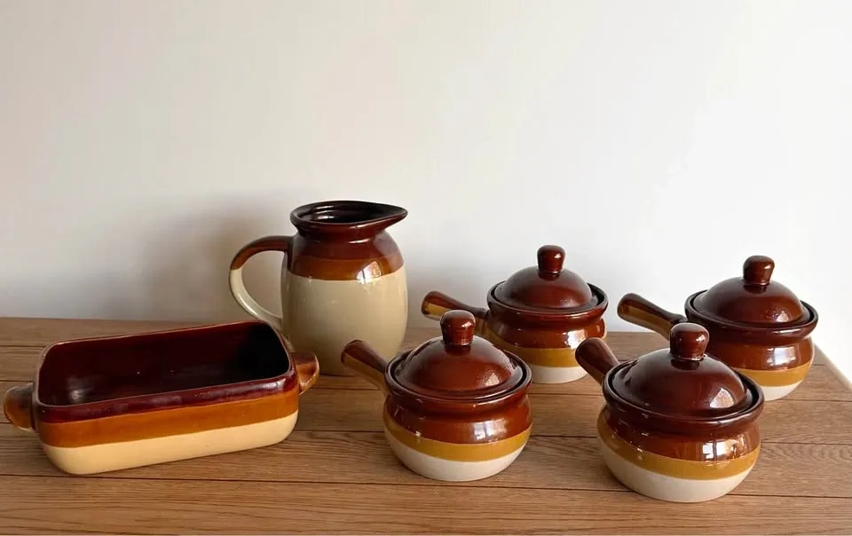 Vintage 6-Piece Brown and Tan Stoneware Set