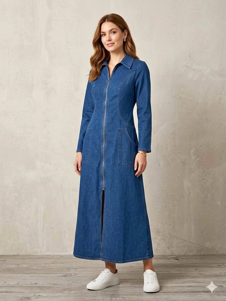 Denim Maxi Dress long sleeve zip front