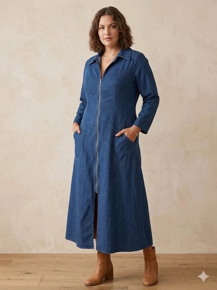 Denim Maxi Dress long sleeve zip front - photo 2