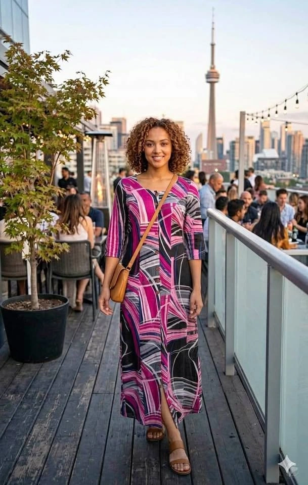 Abstract Pattern Maxi Dress Pink Black Purple