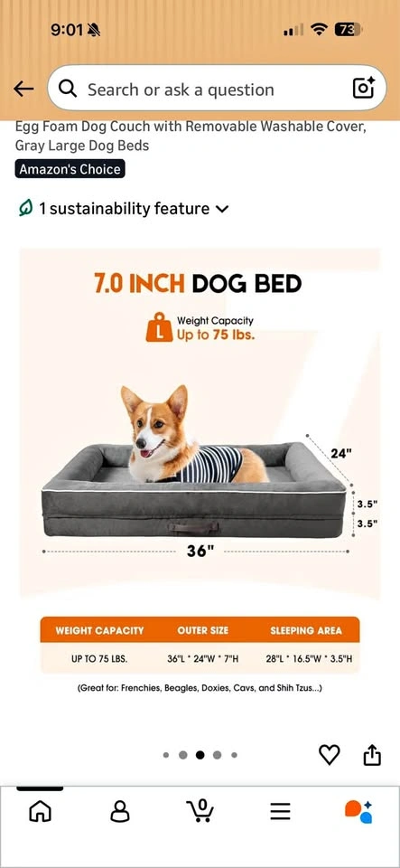Large Gray Egg Foam Dog Bed Couch w/ Washable Cover