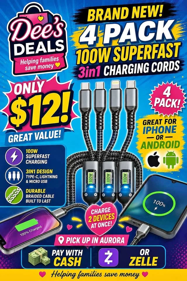 4 pack Super fast charging cords iPhone or Android ONLY $12