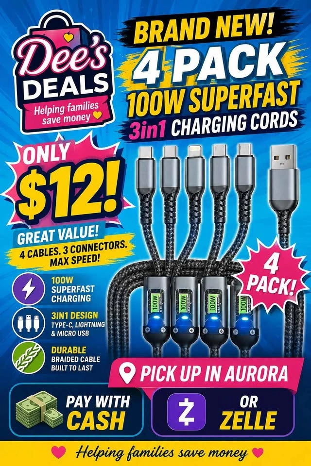 4 pack Super fast charging cords iPhone or Android ONLY $12 - photo 2