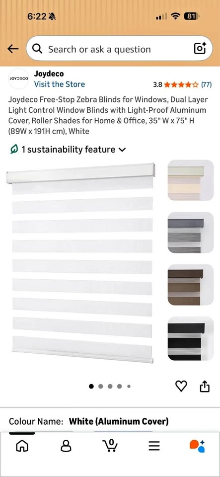 Joydeco White Zebra Blinds 89W x 191H cm
