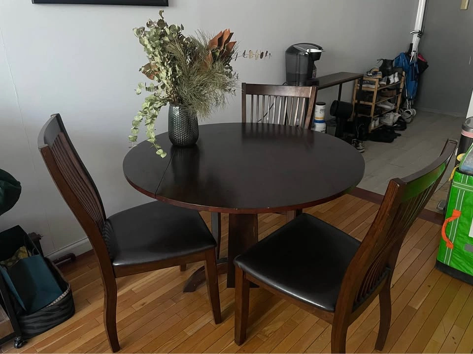 4-Piece Dining Set: Dark Wood Round Drop-Leaf Table + 3 Chairs
