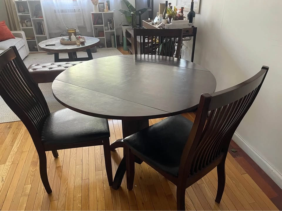 4-Piece Dining Set: Dark Wood Round Drop-Leaf Table + 3 Chairs - photo 3