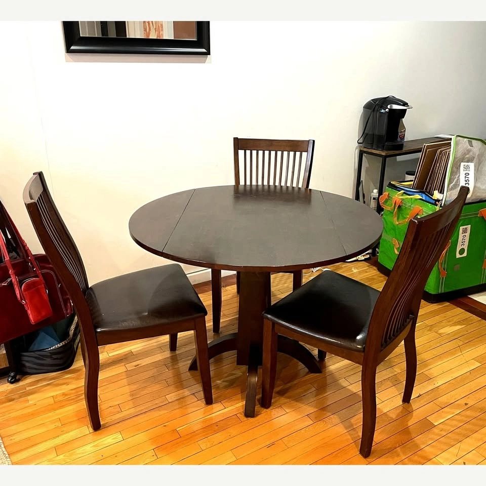 4-Piece Dining Set: Dark Wood Round Drop-Leaf Table + 3 Chairs - photo 4