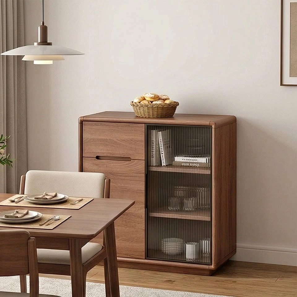 Walnut Cabinet with Textured Glass Doors - Contemporary Storage
