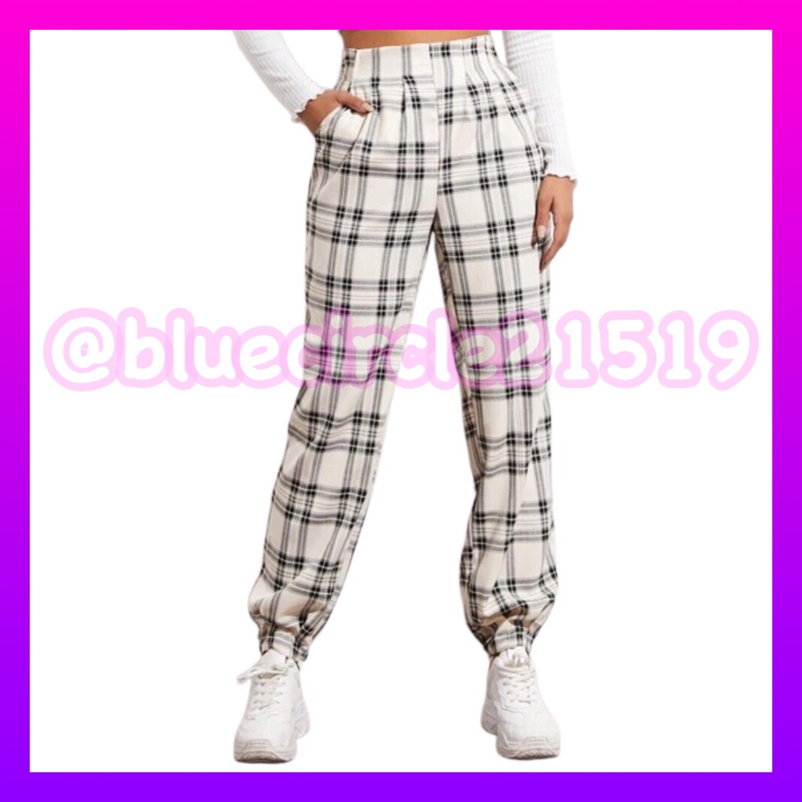 Unity High Waist Tartan Paperbag Pants - Black/White - Medium