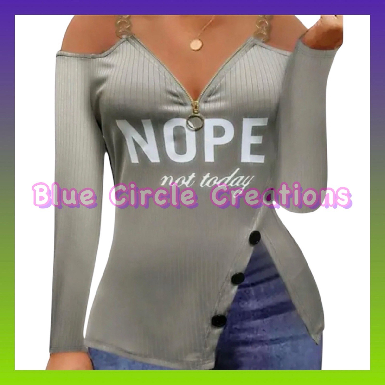 Chicme Gray Cold Shoulder Chain Strap Zip Up Long Sleeve Top - M