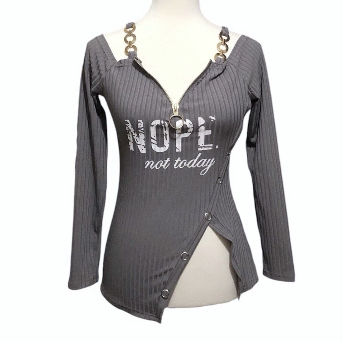 Chicme Gray Cold Shoulder Chain Strap Zip Up Long Sleeve Top - M - photo 2