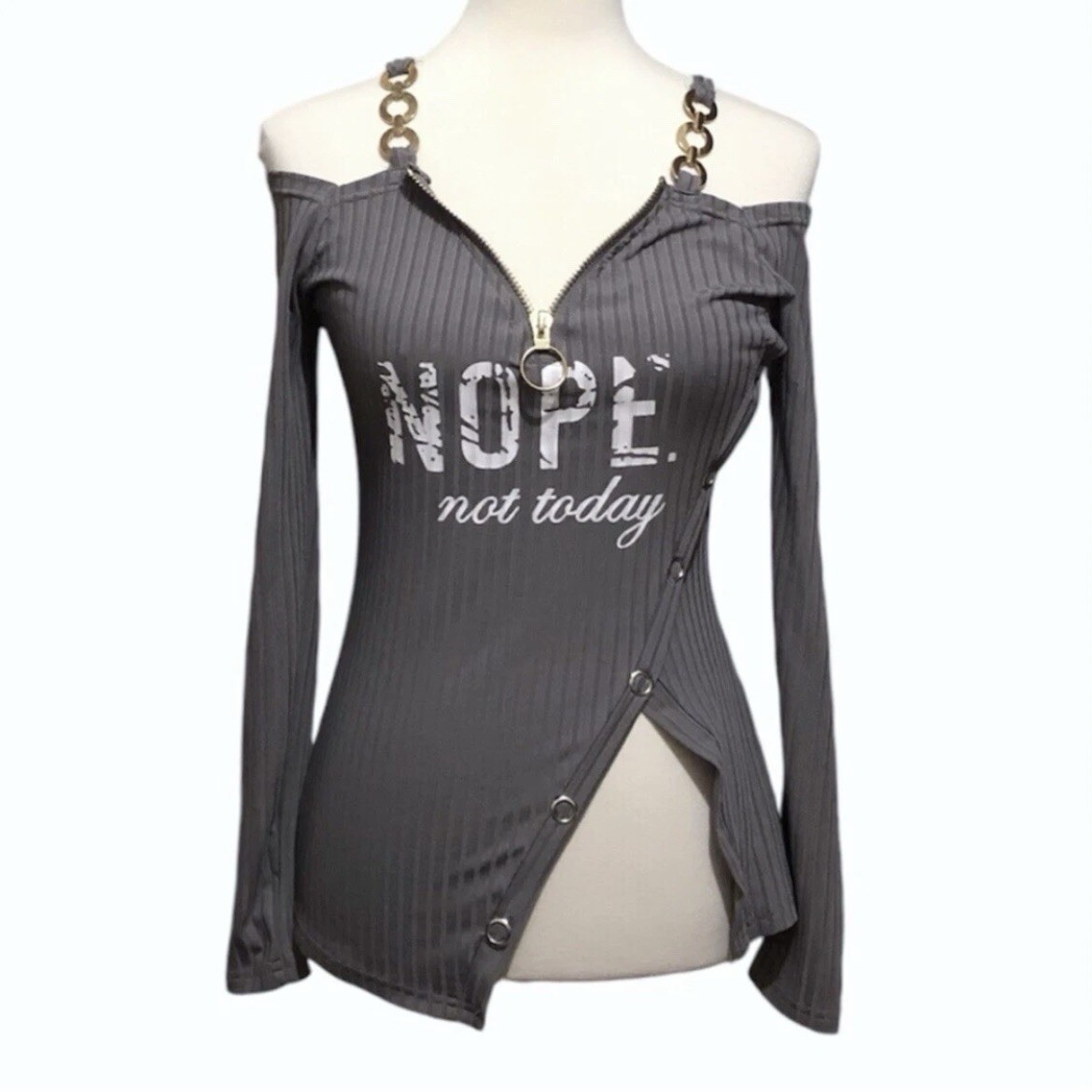 Chicme Gray Cold Shoulder Chain Strap Zip Up Long Sleeve Top - M - photo 3