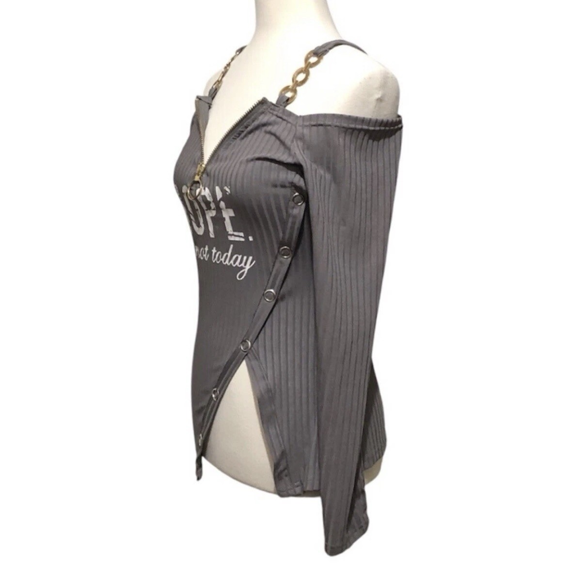 Chicme Gray Cold Shoulder Chain Strap Zip Up Long Sleeve Top - M - photo 4