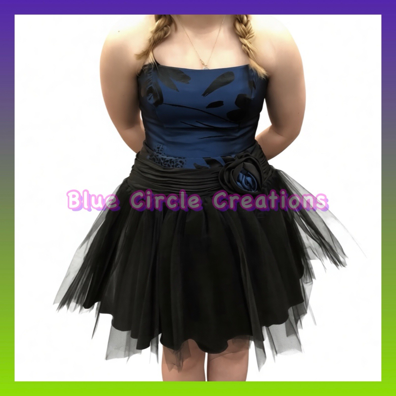 Faviana Strapless Party Dress Blue/Black Tulle Skirt Flower NWT