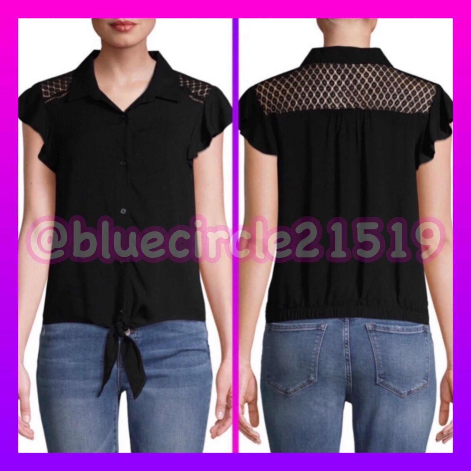 No Boundaries Black Button Down Tie Waist Lace Back Top S