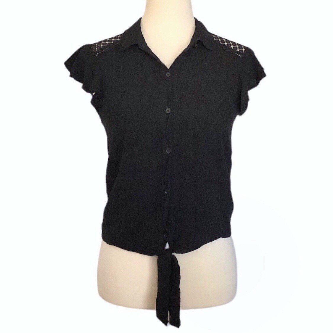 No Boundaries Black Button Down Tie Waist Lace Back Top S - photo 2