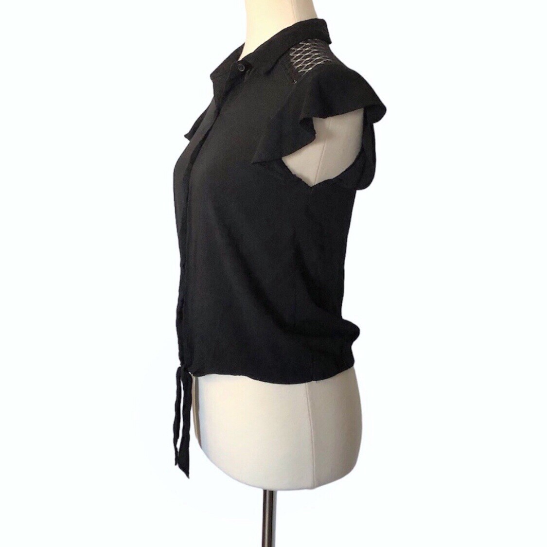 No Boundaries Black Button Down Tie Waist Lace Back Top S - photo 3