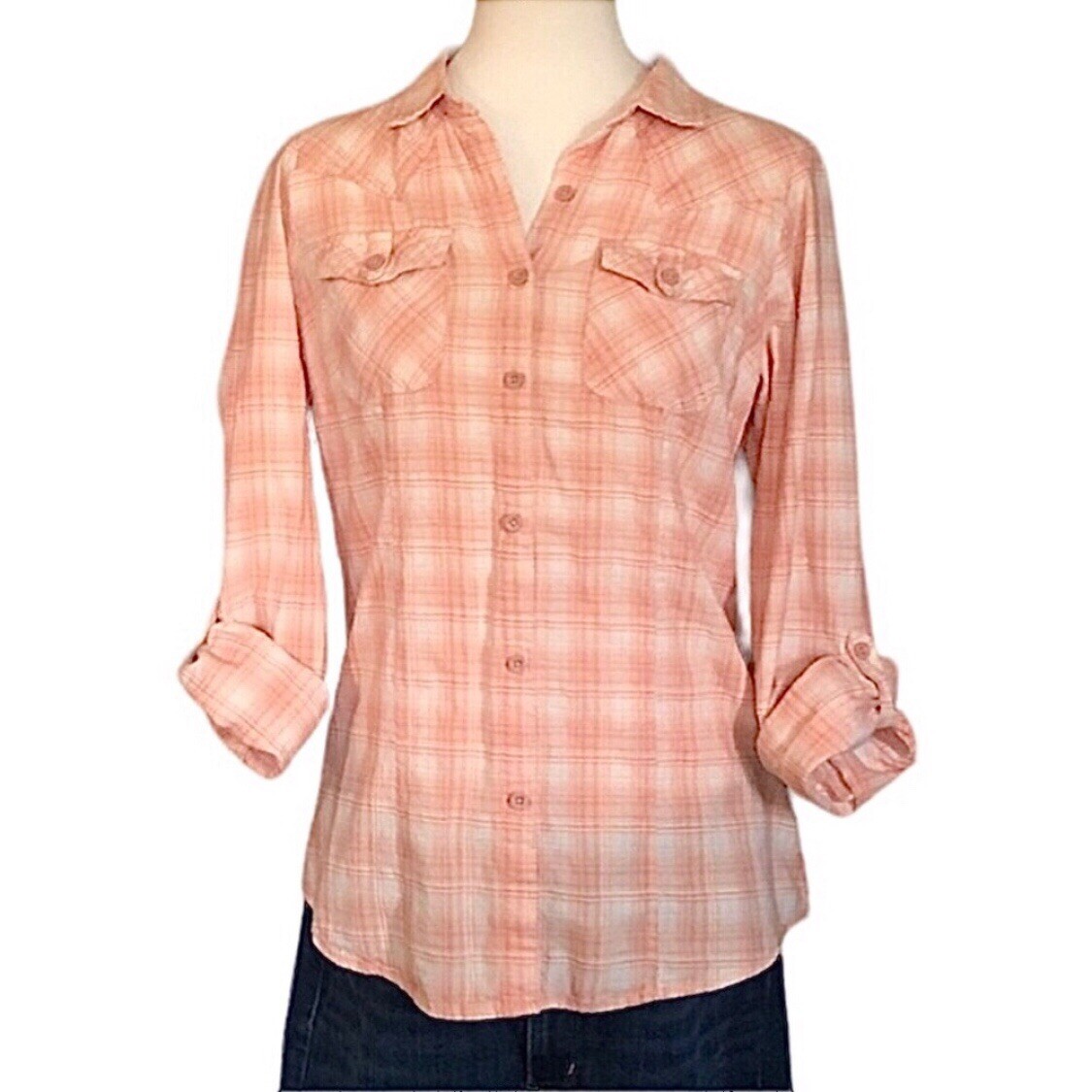 Ruff Hewn Orange Plaid Flannel Button Down Top - Size M - photo 3