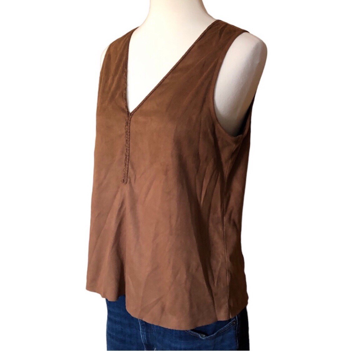 Paper Tee Brown Faux Suede V-Neck Tank Top Size M - photo 3