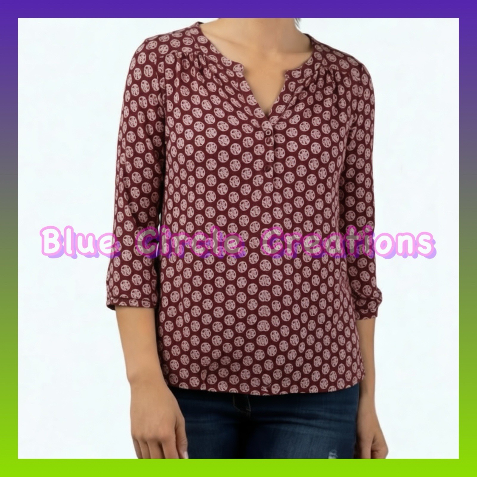 De Collection Blouse Burgundy White Boho Print 3/4 Sleeve V-Neck
