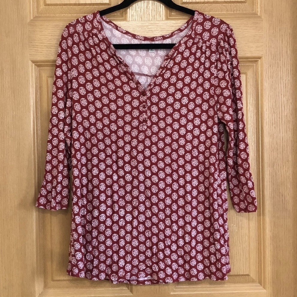 De Collection Blouse Burgundy White Boho Print 3/4 Sleeve V-Neck - photo 2