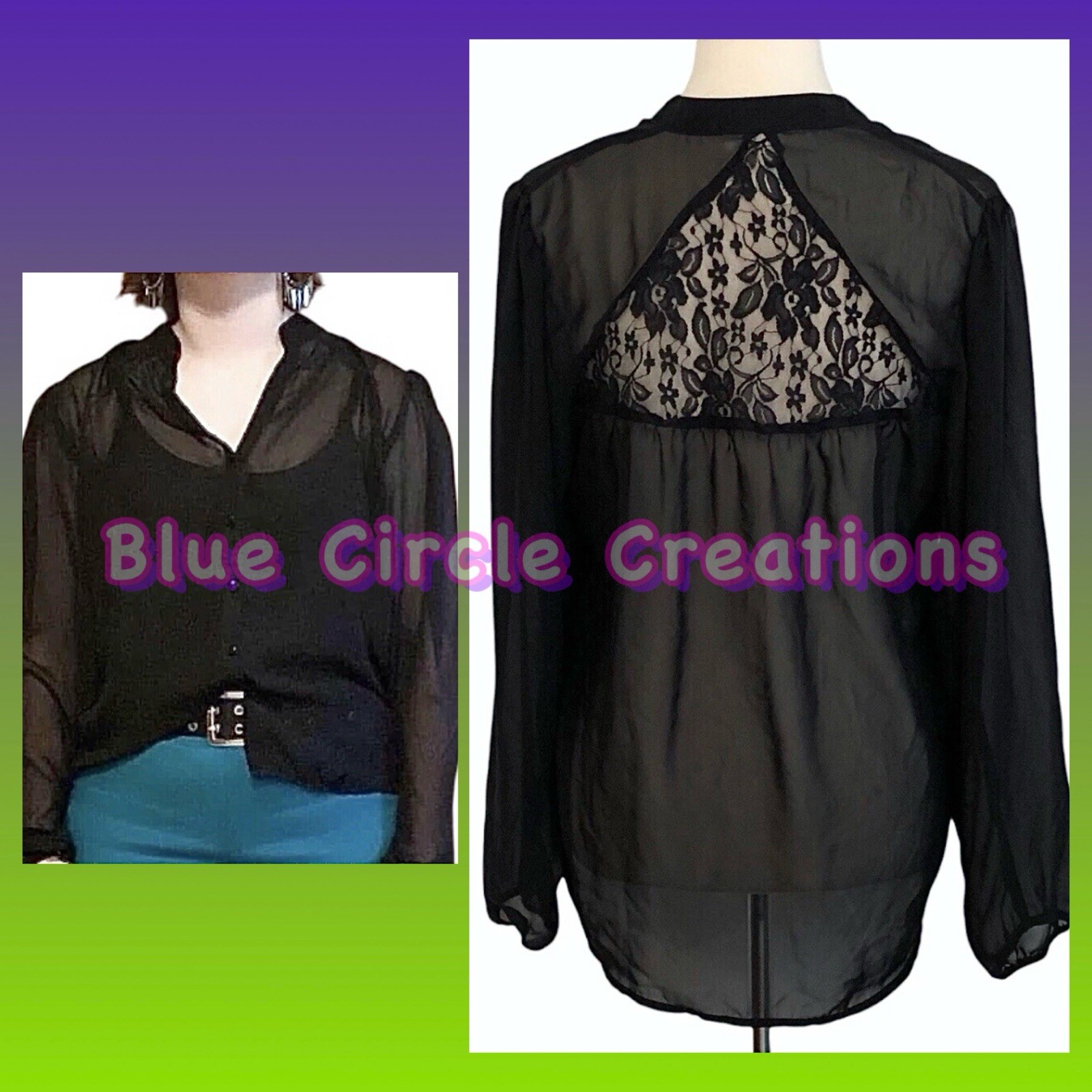 L8teR Black Sheer Button Down Hi-Lo Top - Size M