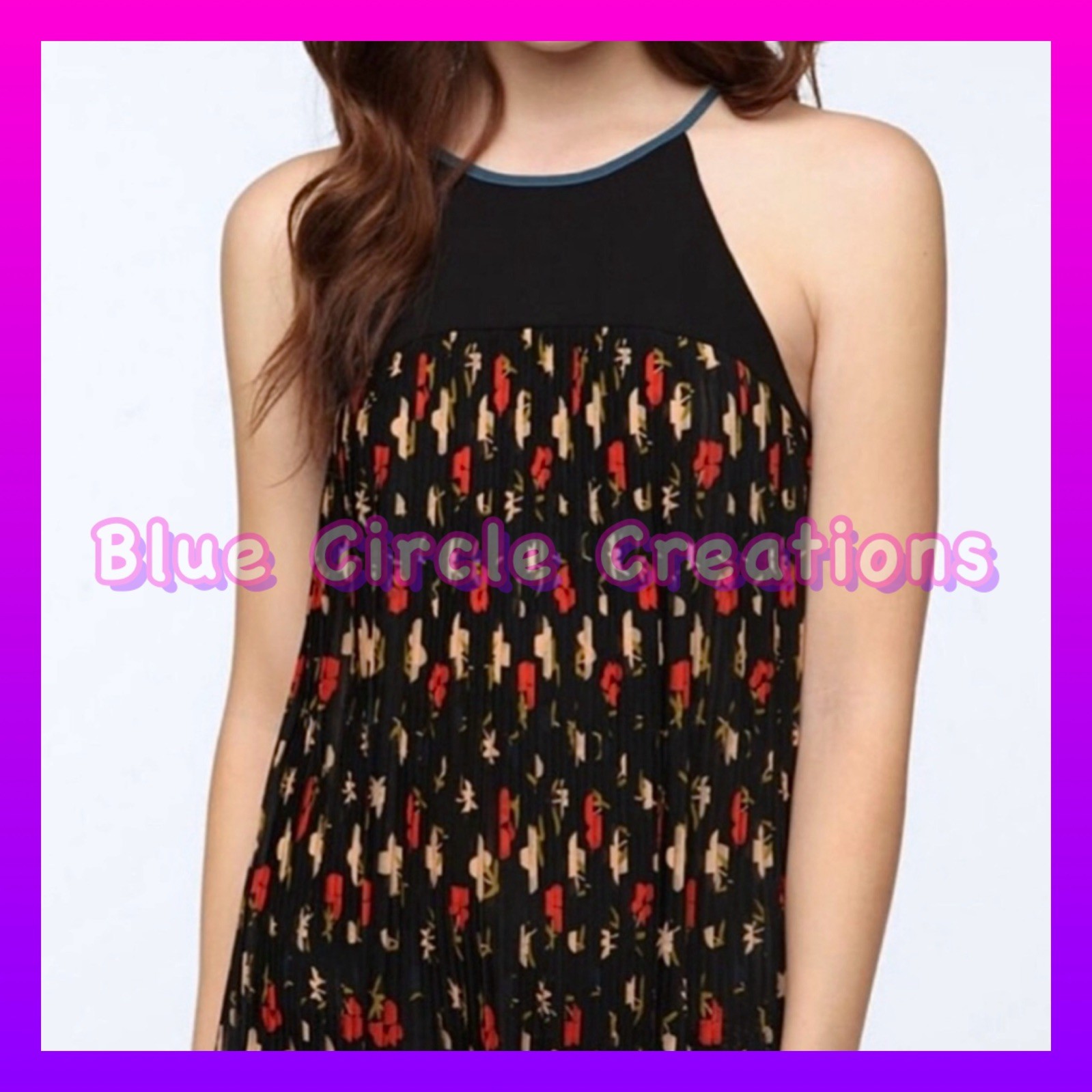Cooperative Black and Floral Pleated Swing Racerback Top Size Me