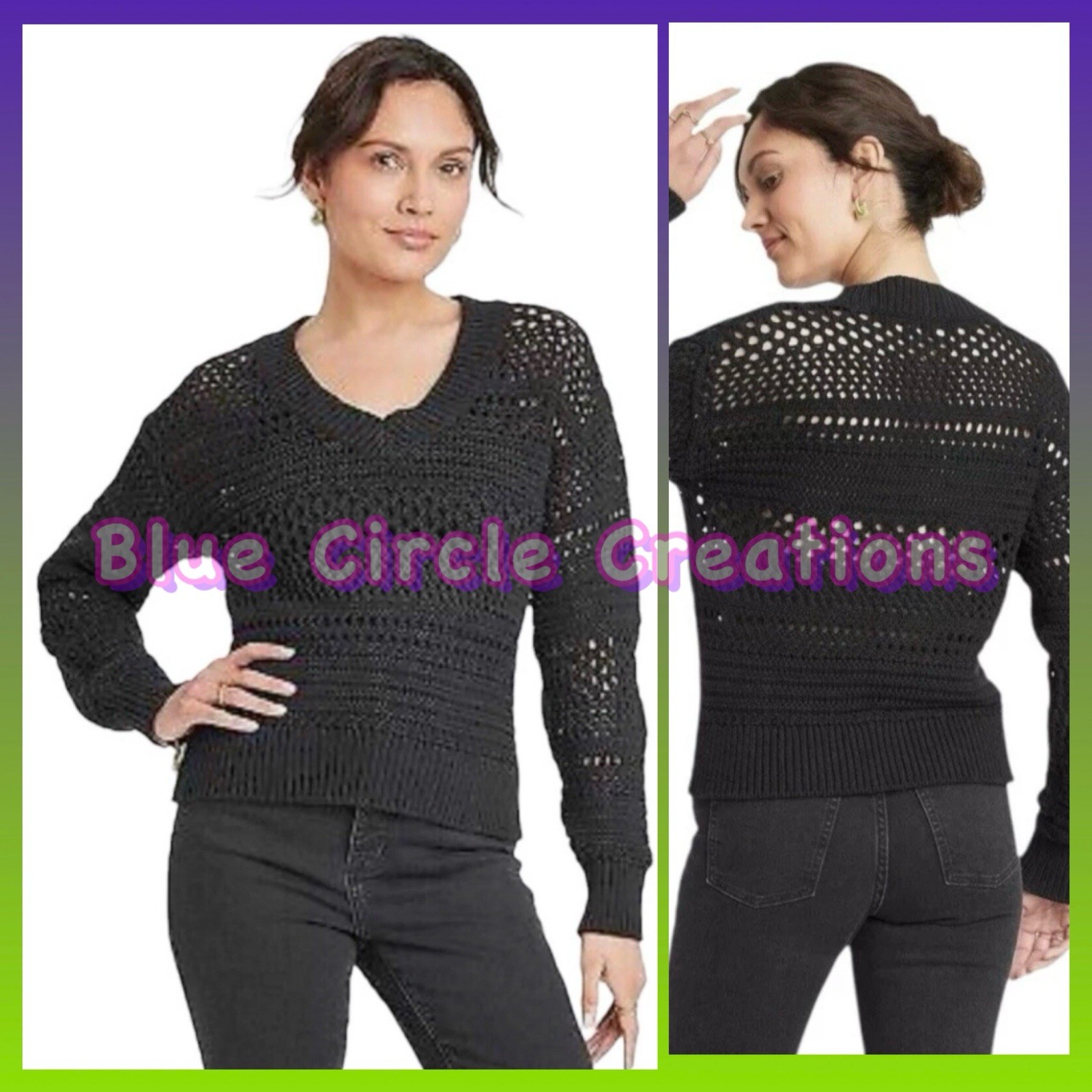 Universal Thread Open Work Knit Sweater V-Neck Black XL