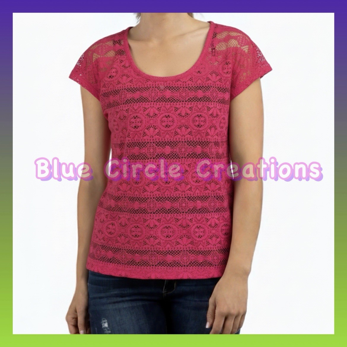 Maurice's Hot Pink Lace Short Sleeve Round Neck Pullover Top - S