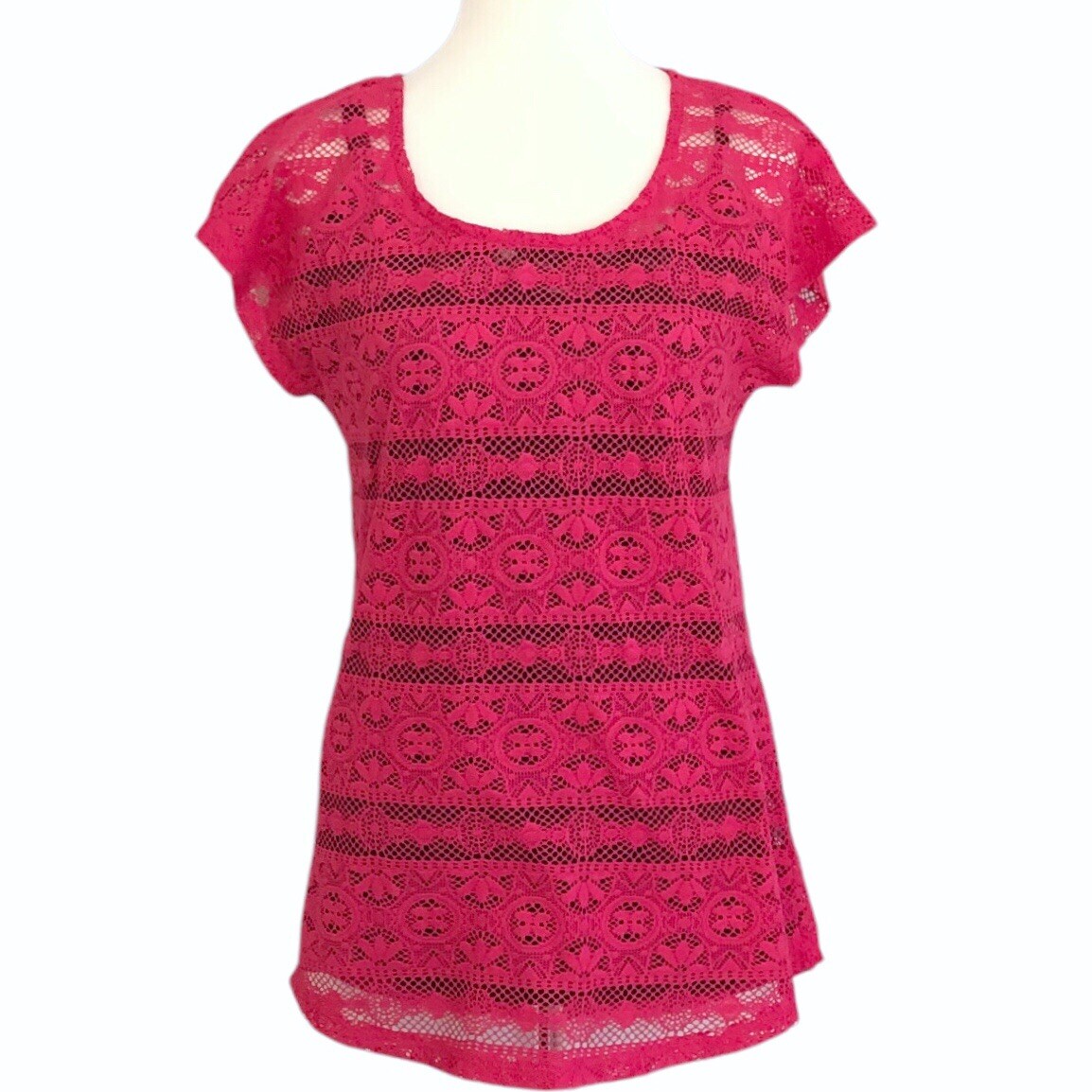 Maurice's Hot Pink Lace Short Sleeve Round Neck Pullover Top - S - photo 2