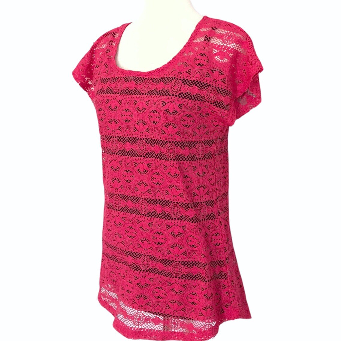 Maurice's Hot Pink Lace Short Sleeve Round Neck Pullover Top - S - photo 3