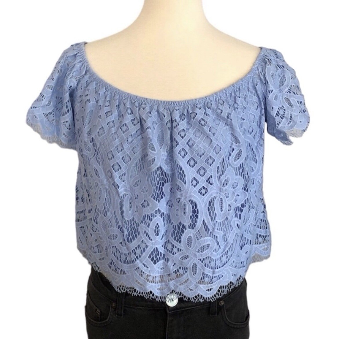 Express Scoop Neck Blue Lace Crop Top - Size M - photo 2