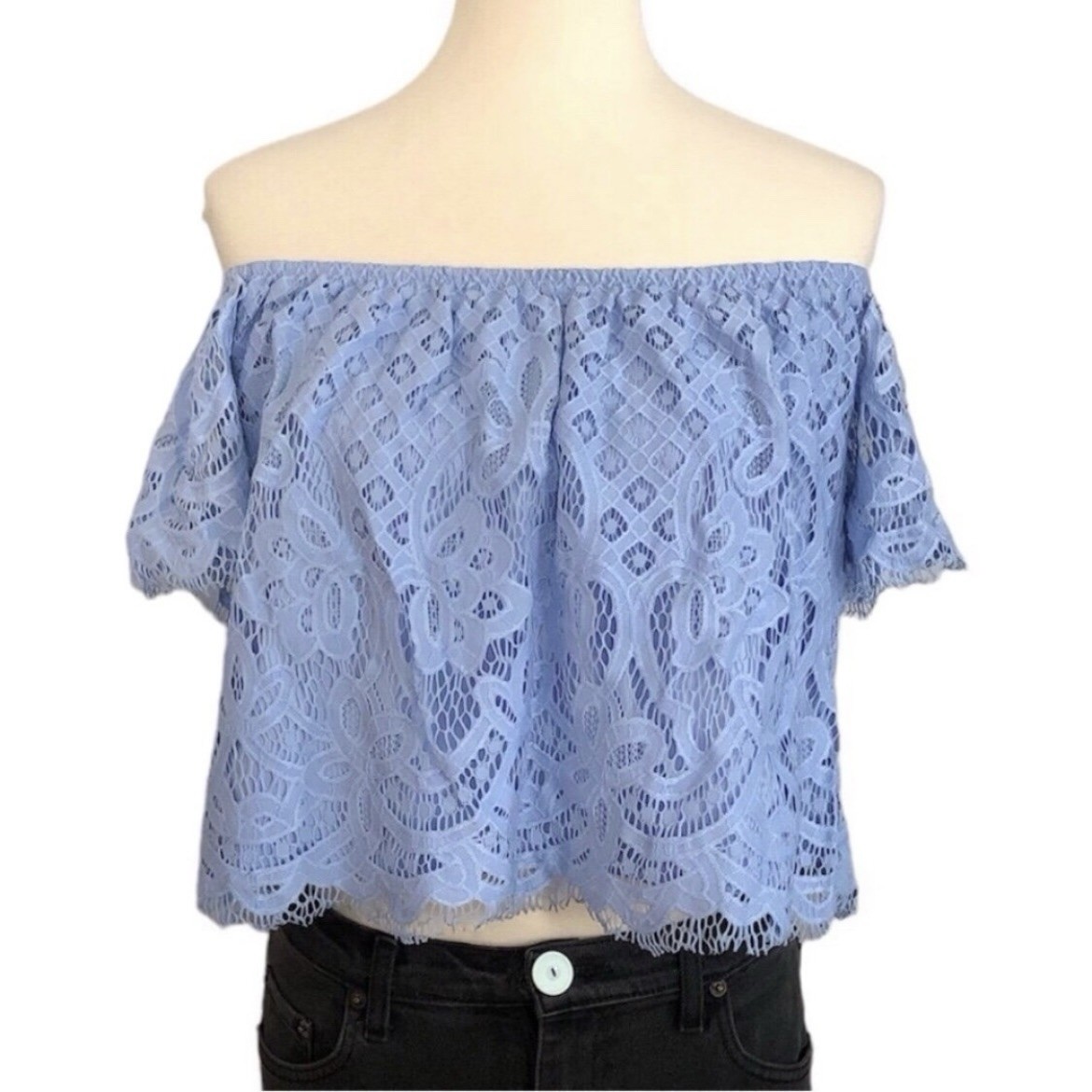 Express Scoop Neck Blue Lace Crop Top - Size M - photo 3