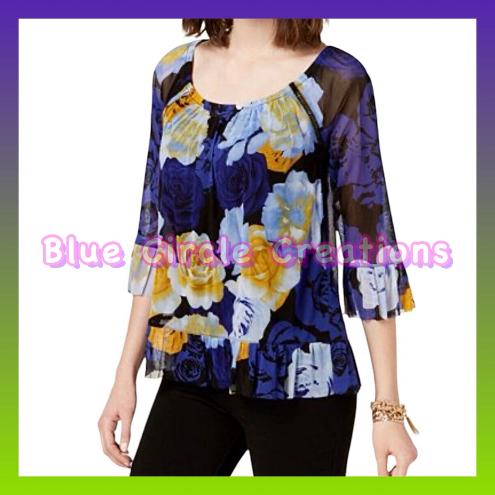 INC International Concepts Mesh Blouse Floral Blue Yellow Roses