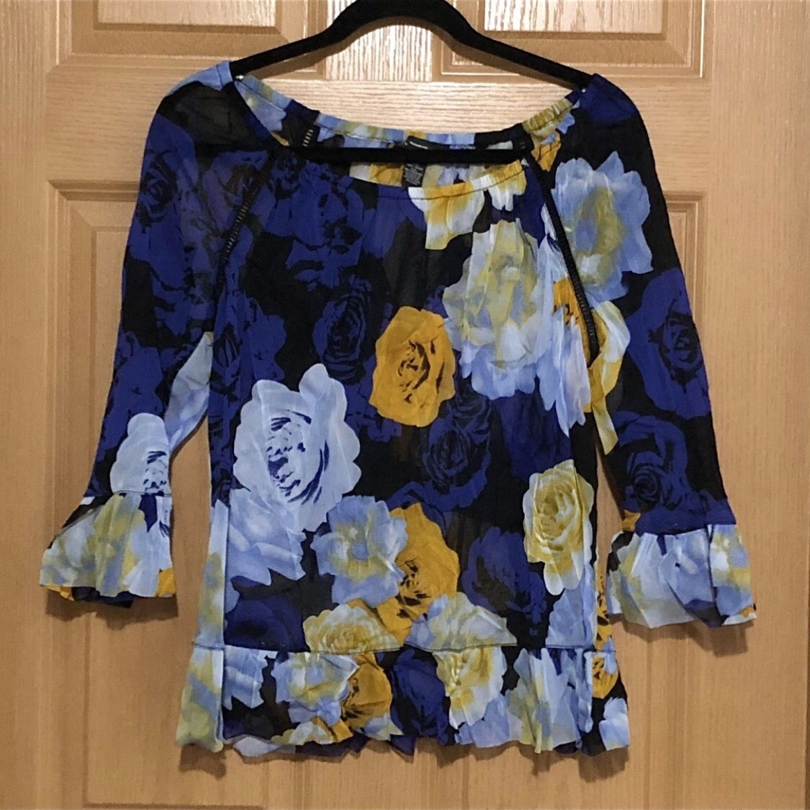 INC International Concepts Mesh Blouse Floral Blue Yellow Roses - photo 2